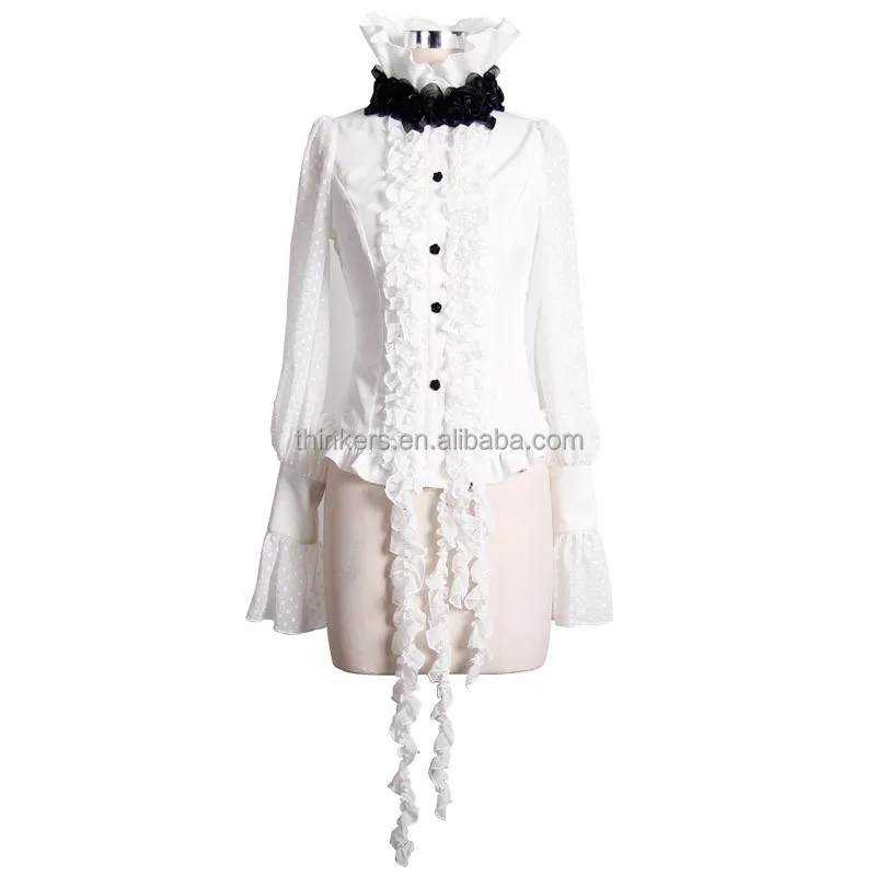 SHT00202 Devil fashion lotus leaf collar elegant women lace up white gothic chiffon blouse