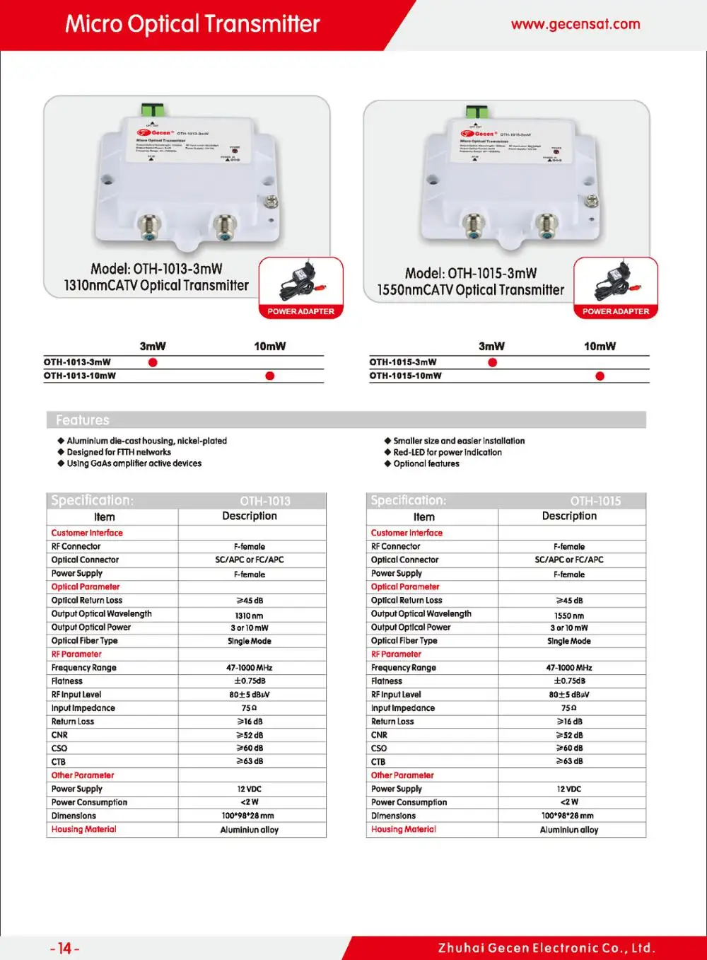 Gecen Mini 1310nm CATV FTTH Optical Transmitter