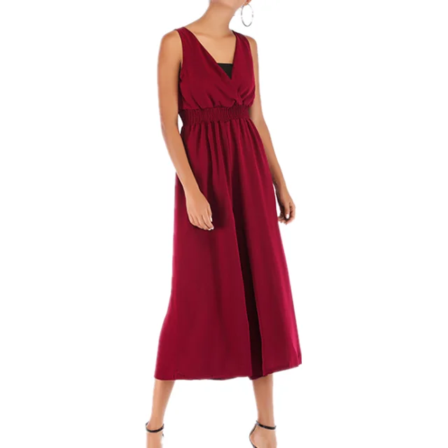 
New style V neck waist-tight nine points length wide leg women chiffon jumpsuits 