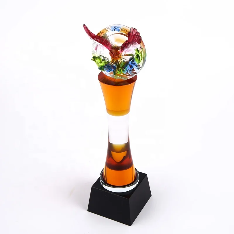 New hot selling customized crystal trophy with Liuli dragon and colorful wreathed column for gifts