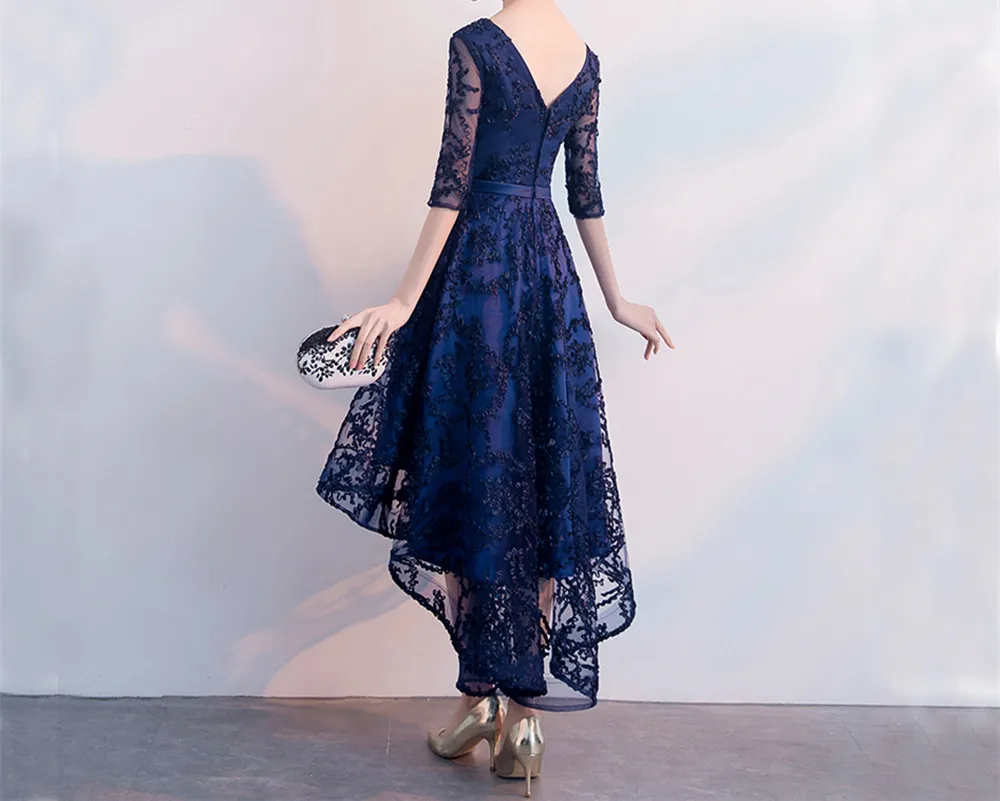 Lace V Neck Half Sleeves Navy Blue High Low prom gowns