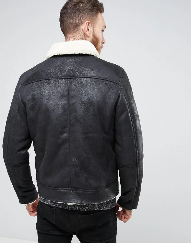 Heavy Weight Faux Shearling Men Suede Leather jacket Black Winter Jacket