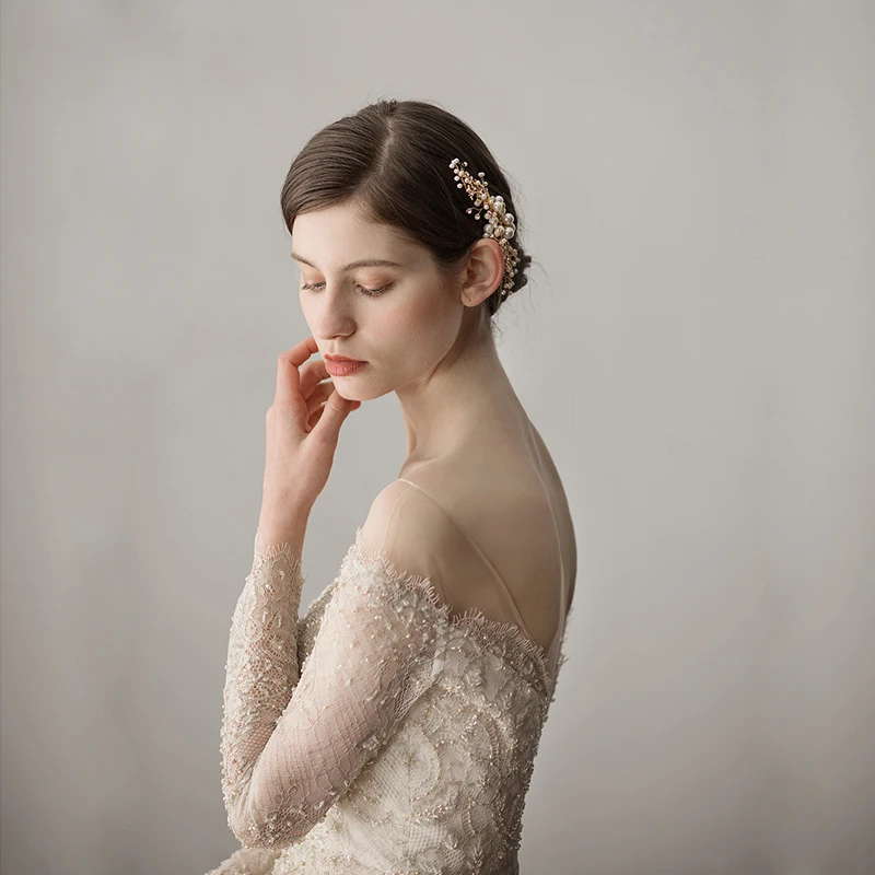 O384 Elegant Wedding Bridal Headpiece Alloy Pine Branch Pearl Crystal Bride to Be Hair Comb Women Pageant Hairwear Tiara