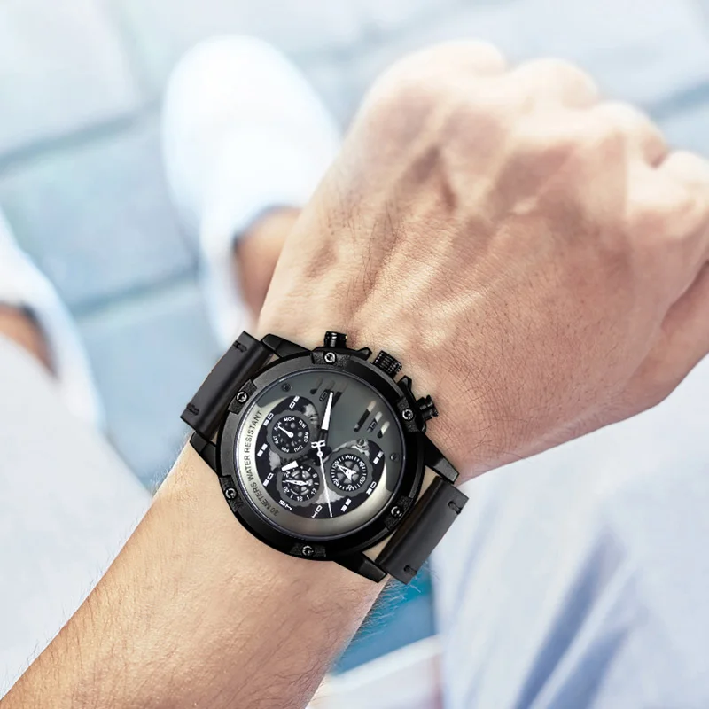 Custom boy fashion chronograph multifunction sport stereo digital hand water proof leather watch for men