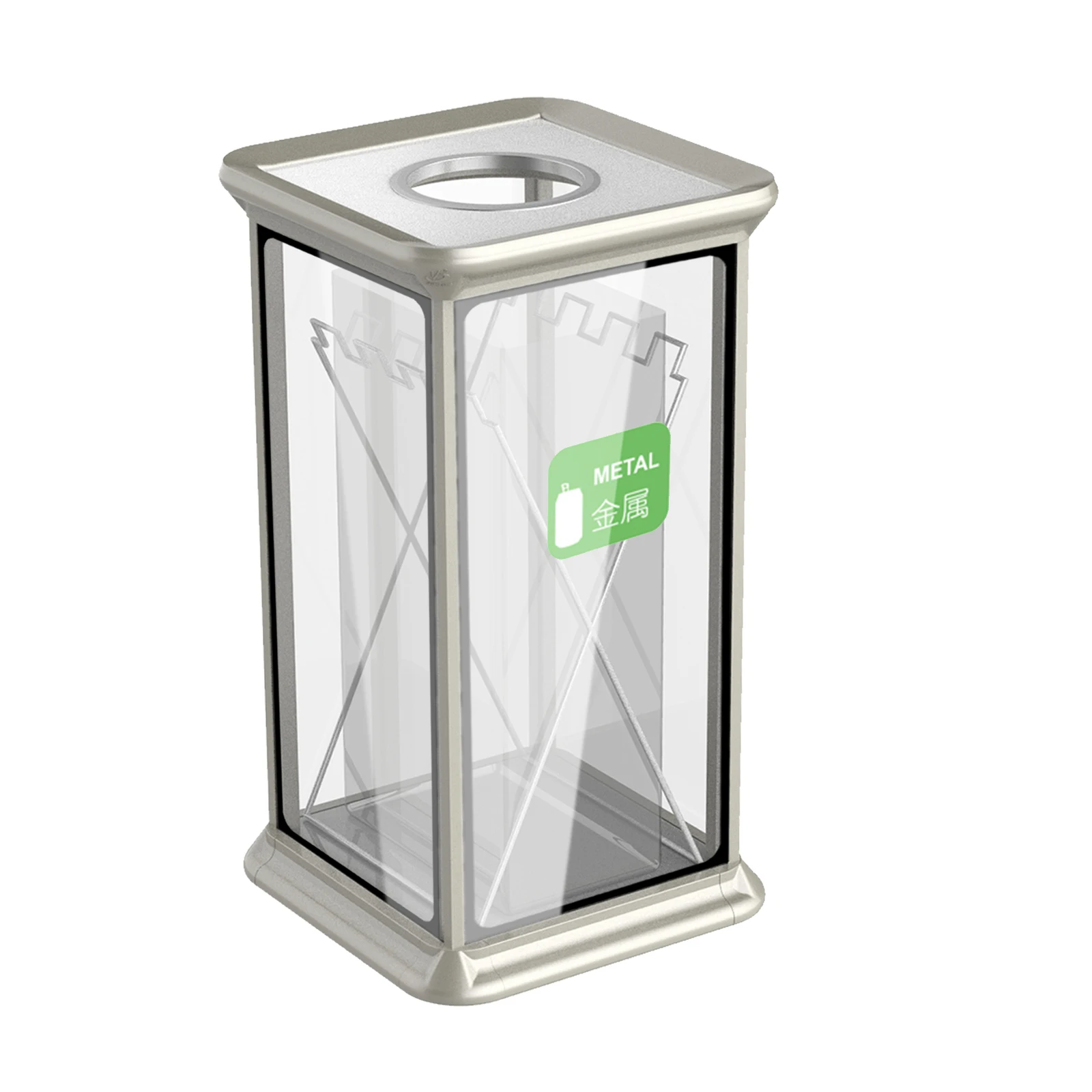 Airport Tailor Transparent Tempered Glass Waste Bin,Recycling Trash Can,Aluminum Garbage Bin