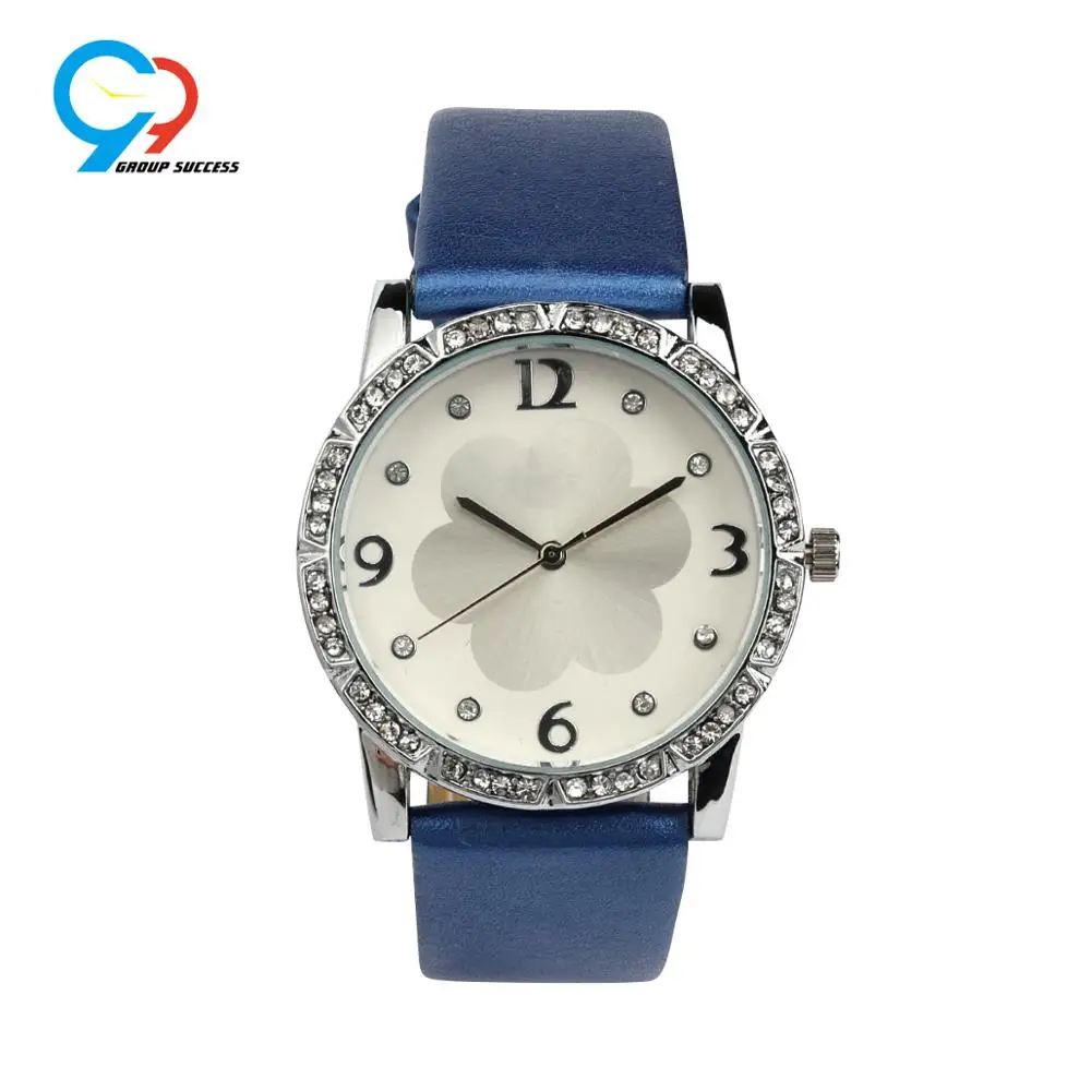 Bottom price flower case and dial smooth leather strap lady watch