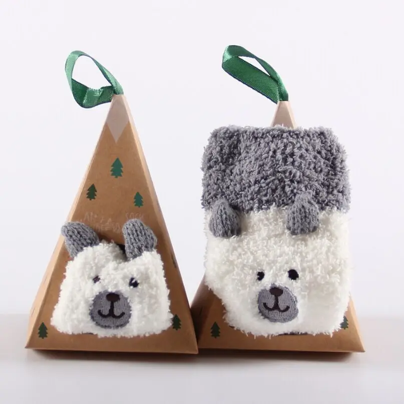 Cute Animal Pattern Winter Fleece Baby Socks with Triangle Gift Box Free Size for Kid Toddlers and Christmas
