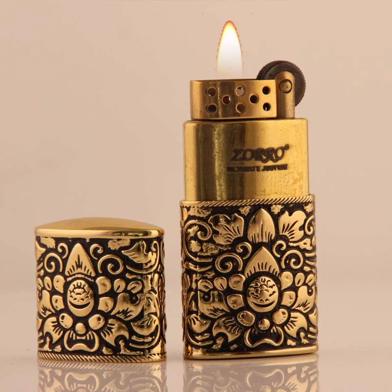 Z531-02 China yanzhen zorro  pure copper  oil lighter with carved flower old-fashioned flint lighter wholesale