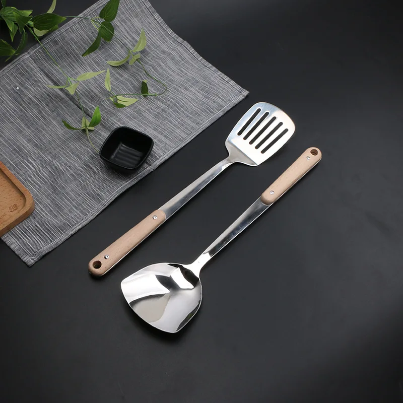 Juego De Utensilios De Cocina Cooking Tool Wooden Handle Ladle Stainless Steel Kitchen Utensil Set