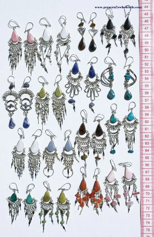 Handmade Dangle Earrings with Color Natural Piedra Gem Stones, Wholesale Peruvian Jewelry Art, Artisan Gallery Jewellery