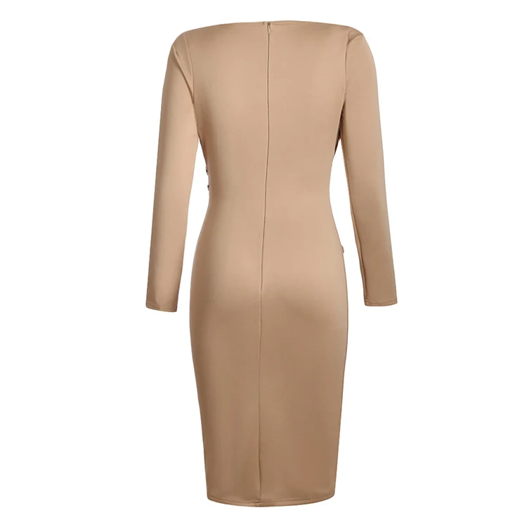 
Khaki Button Detail Elegant Women Formal Dresses Ruched Asymmetric Midi Dress For Office Ladies 
