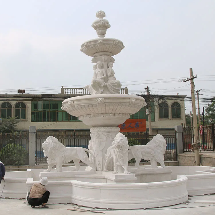 Stone crafts garden white marble water lady statue fountain with pond