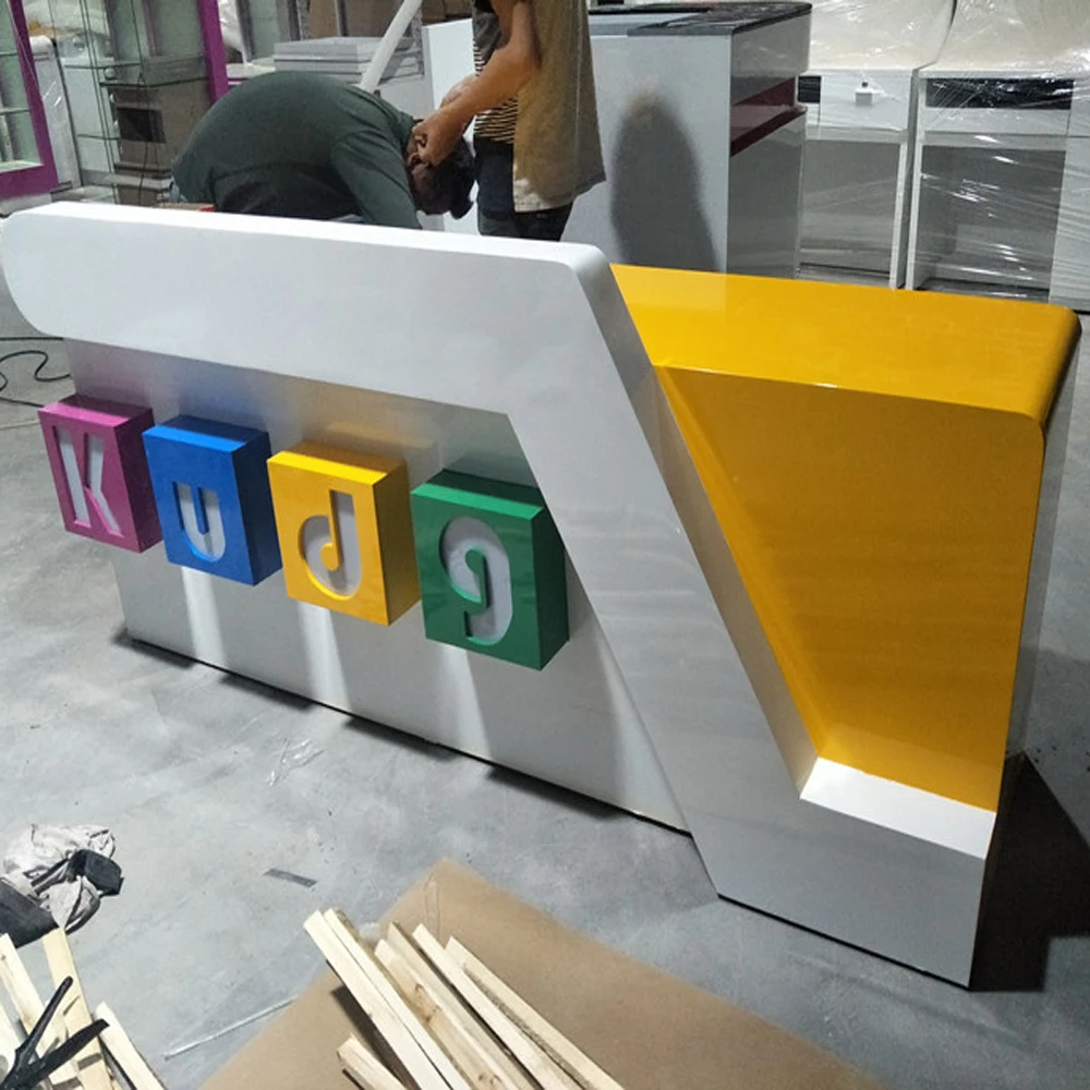 White office wood office front counter design standing reception desk