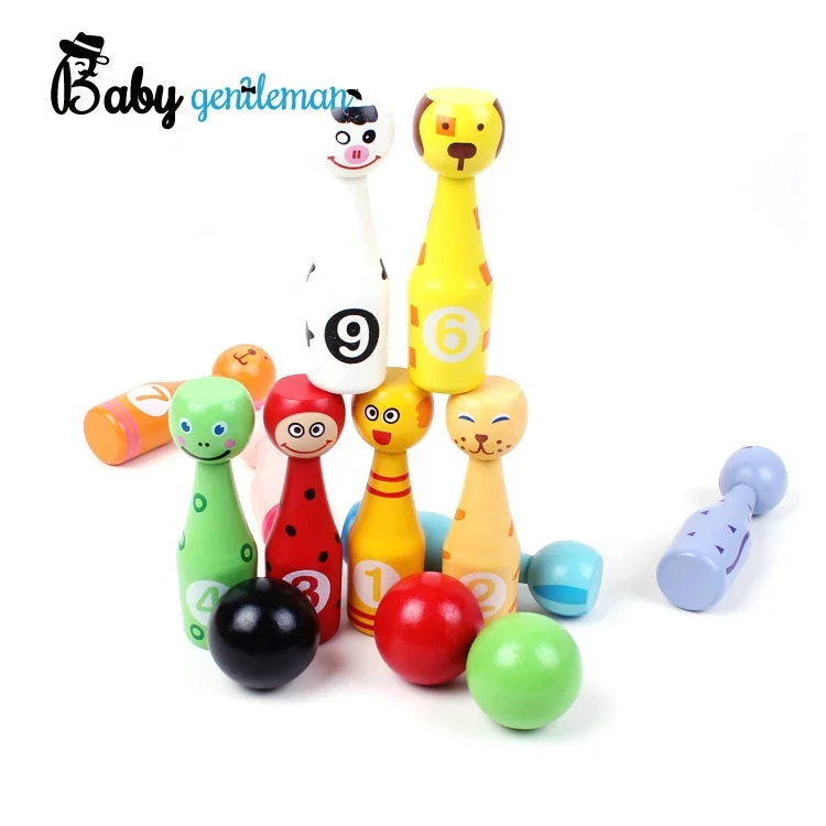 Hot selling kids indoor sports toy colorful cartoon animal wooden bowling set Z01316A