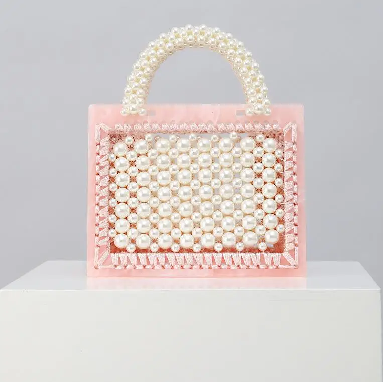 Luxury designer pearl bag clear transparent acrylic beaded box totes bag women party vintage woven handbag 2020 white pink