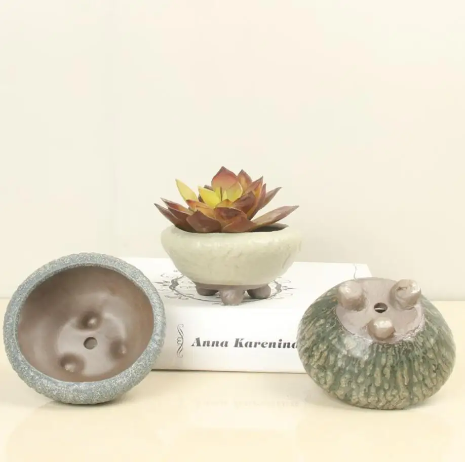 Simple Custom Logo Succulent Planter Stone Bowl Shape Ceramic Bonsai Pot Mini