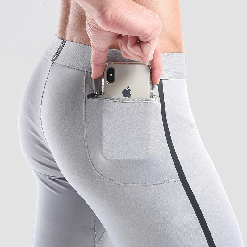 Wholesale GYM Leggings Blank Reflective Running Fitness Pants Pocket Skin Tight Leggings Men