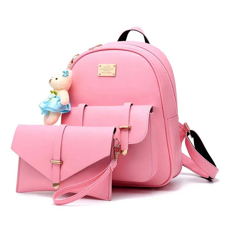 Korea Fancy Model Cheap Red PU Leather Female Backpack With Purse And Many Pockets