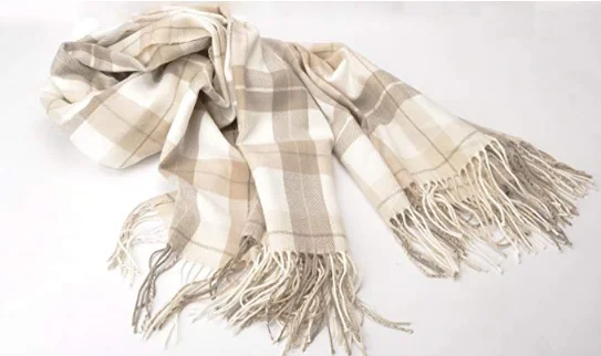 Grey and  White Plaid Fringed Cashmere Shawl Throw  Jacquard Wool  Blanket