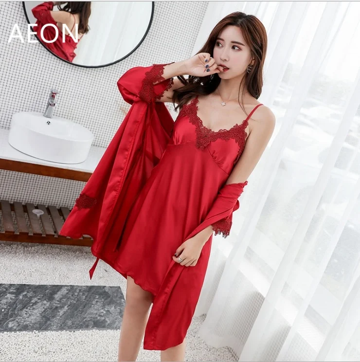 Wholesale women lace nighty sleepwear sexy satin silk lingerie nightgown and robe set