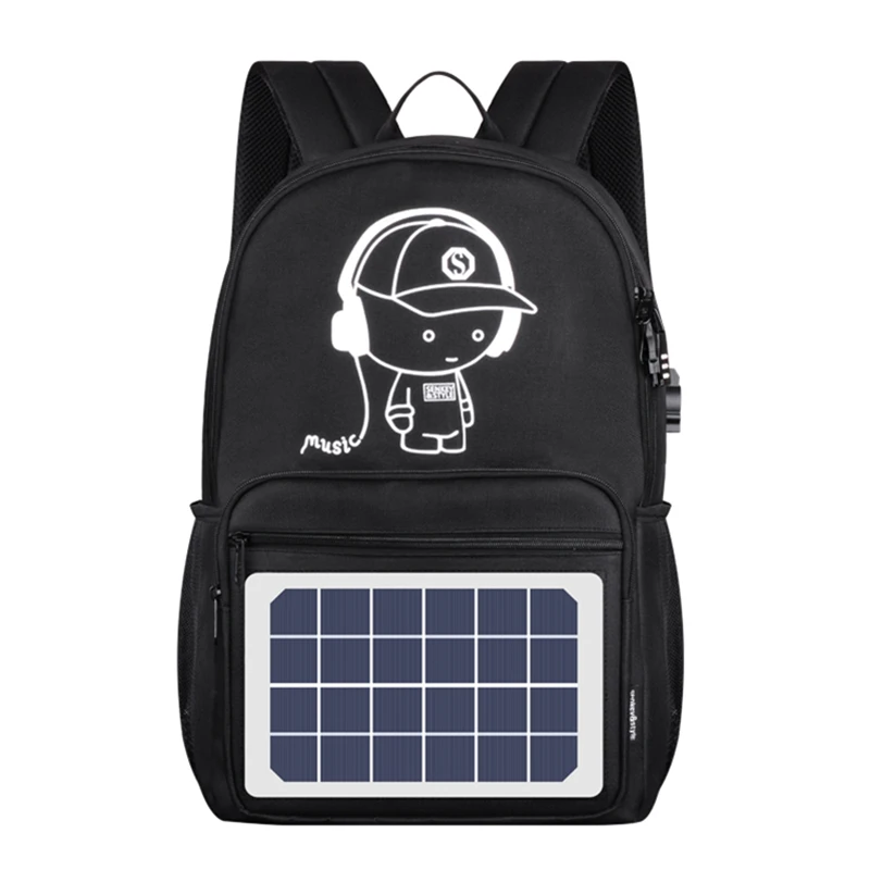 Black Anti-Theft Outdoor Water Resistant Luminous Logo Solar Panel Backpack With USB Charger