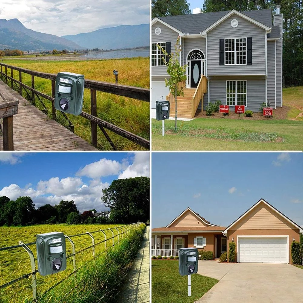 
hot sale PIR solar ultrasonic animal bird repeller with LED light 