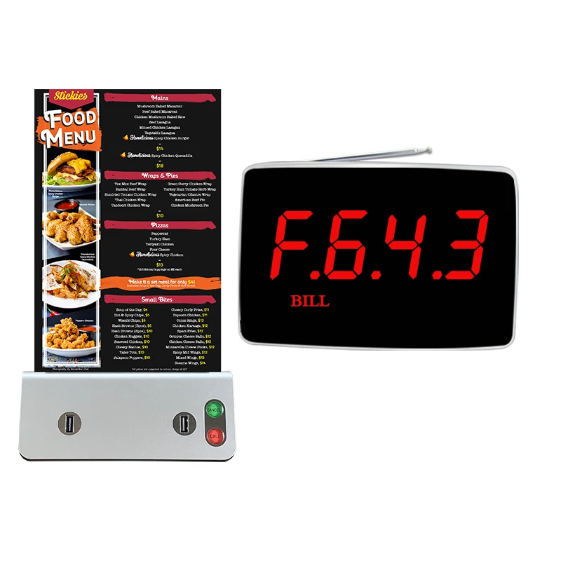 Artom restaurant paging system wireless with waiter call button and menu stand holder power bank