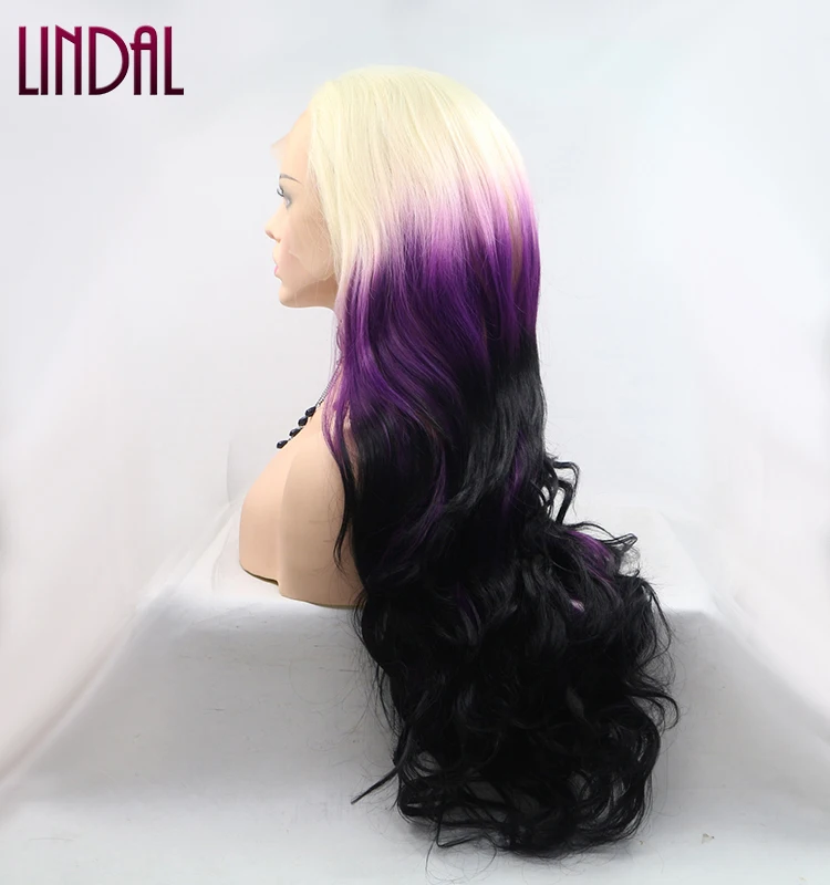 Platinum Blonde Ombre Purple Synthetic Lace Front Wig for Black Women Long Wavy Wigs Heat Resistant Fiber Hair