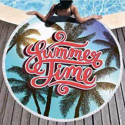 Cusotom digital printed wholesale cheap personalized summer palm tree hawaiian circular beach towel with tassels