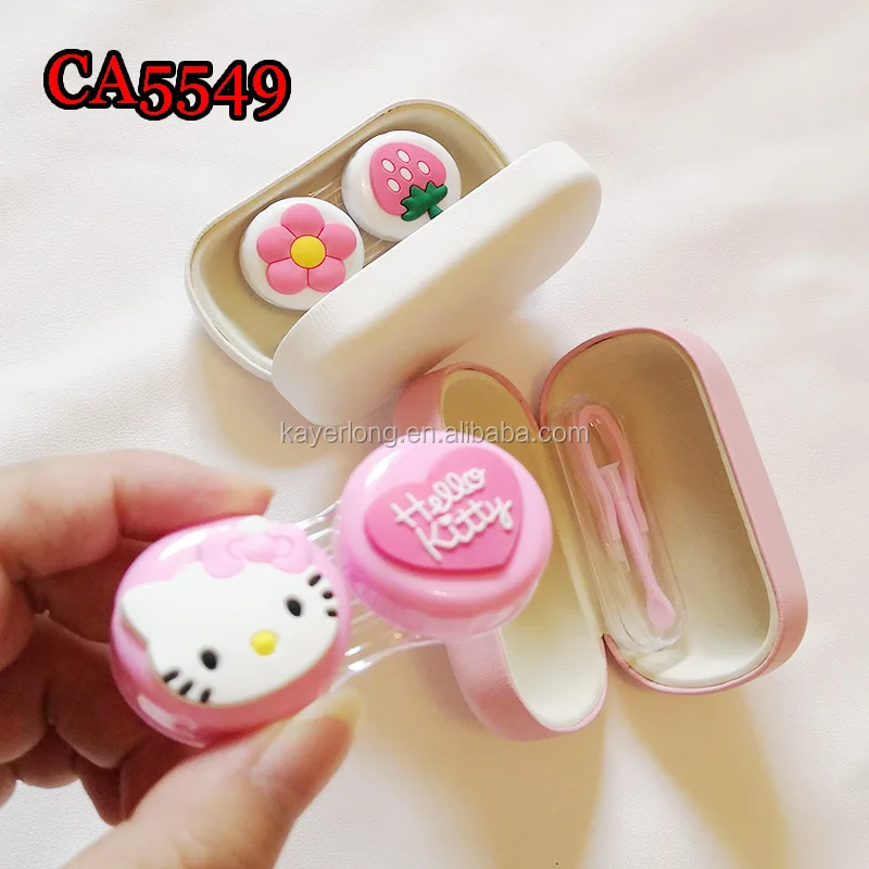 PVC kitty and strawberry deco pu cover iron contact lens case, small travel box CA5549