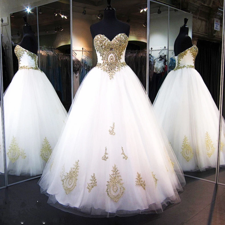 2019 New Hand Work Design Crystal Beads Ball Gown Gold Lace Applique Wedding Dress