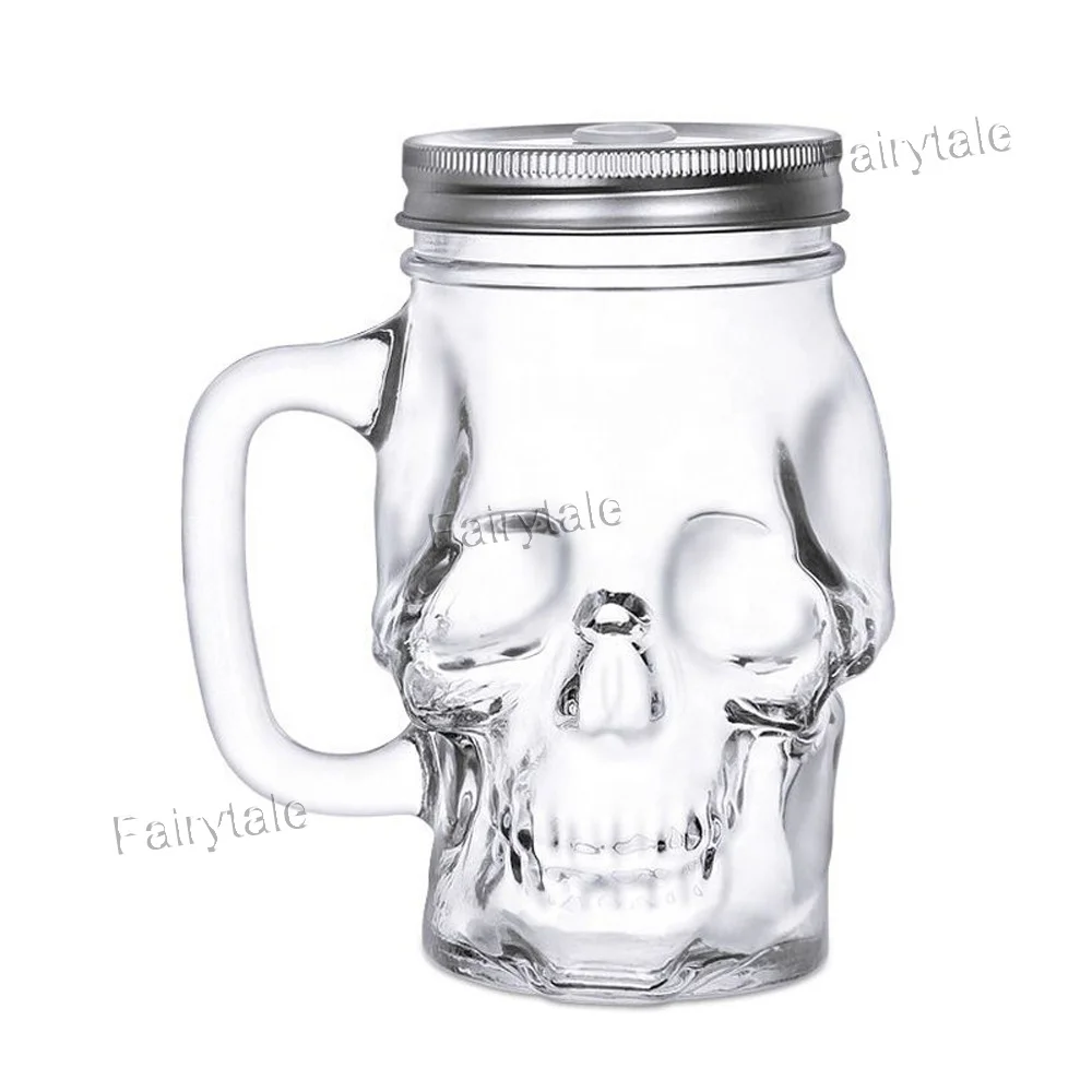 
Ghost Head Shaped Glass Mason Jar Mug with Tin and Handle 