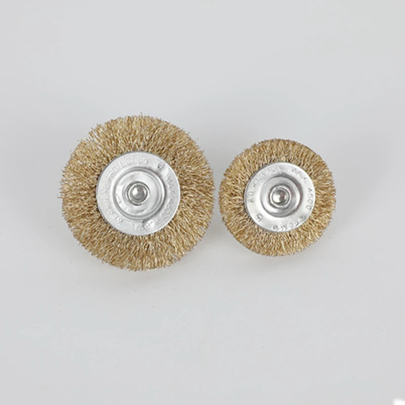 Shanghai Wholesale Flat Copper Coated Round Crimped Steel Wire Brush Wheel with 6mm Shaft for