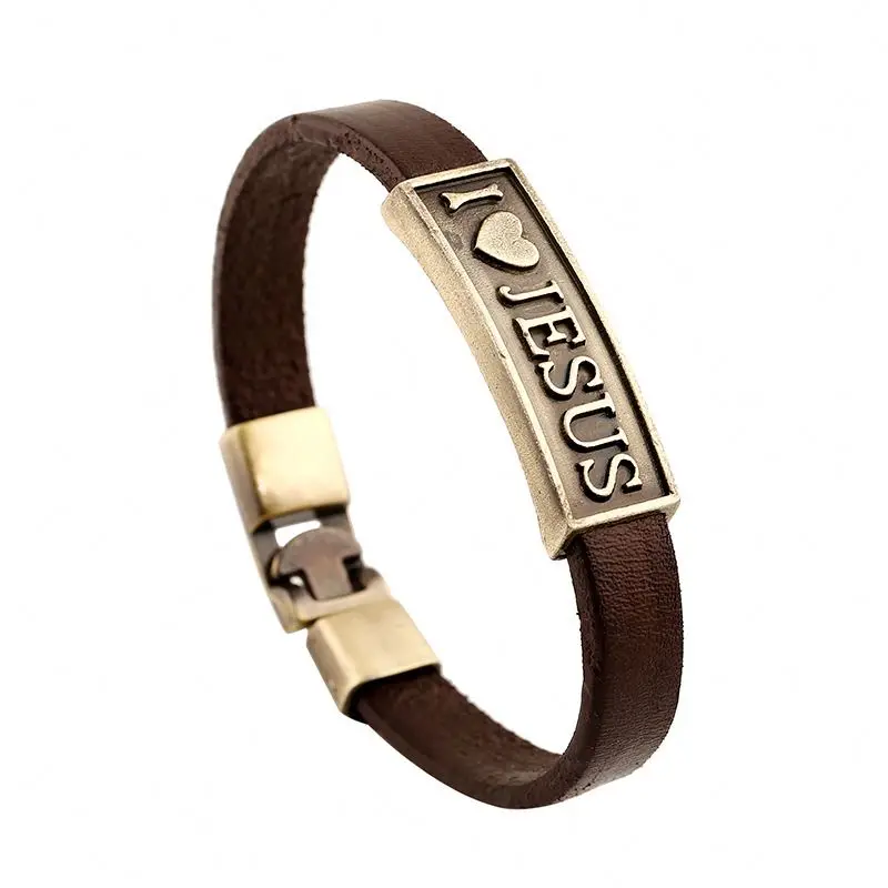 
2018 Fashion Simple New Design I Love JESUS Clasp Bracelets Vintage Gold Handmade Alloy Men Genuine Leather Bangles Wholesales 
