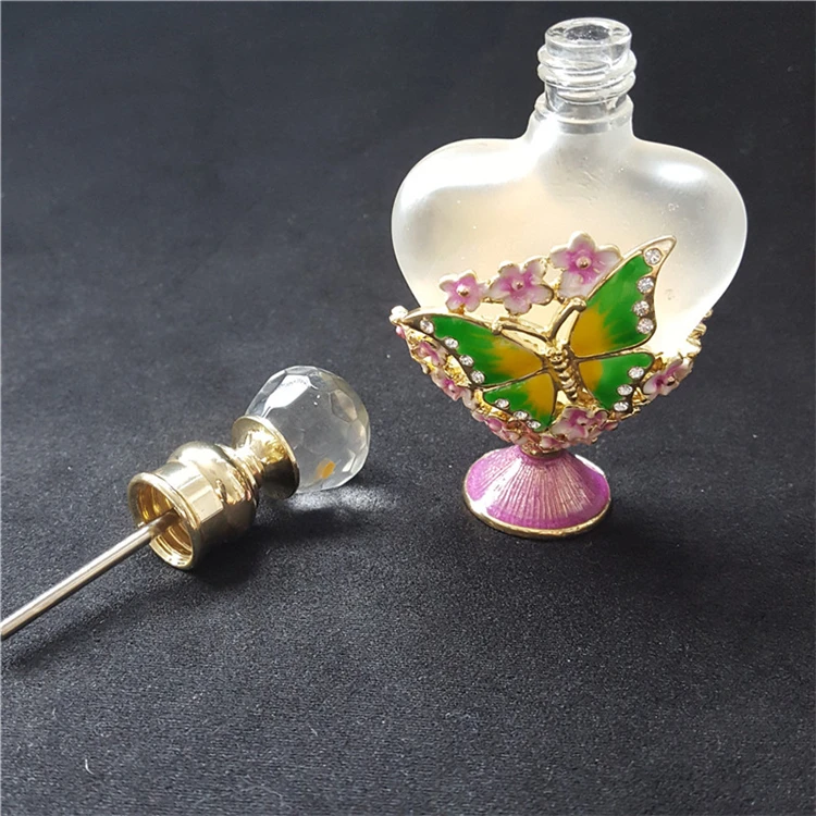 Pink Butterfly- Flower Big Heart Shaped Fog White Alloy Perfume Bottle 10ml Collectible Gift Decorative for Living Room