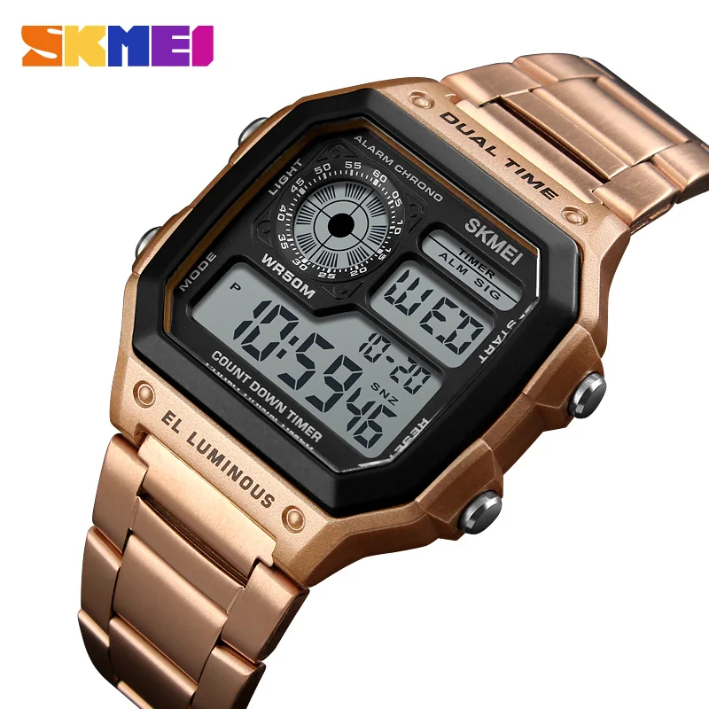 New Arrivals 2018 Sport Watch Digital Led Luminous Clock Luxury Stainless Steel Waterproof Square Fashion Skmei Men Wrist Watch