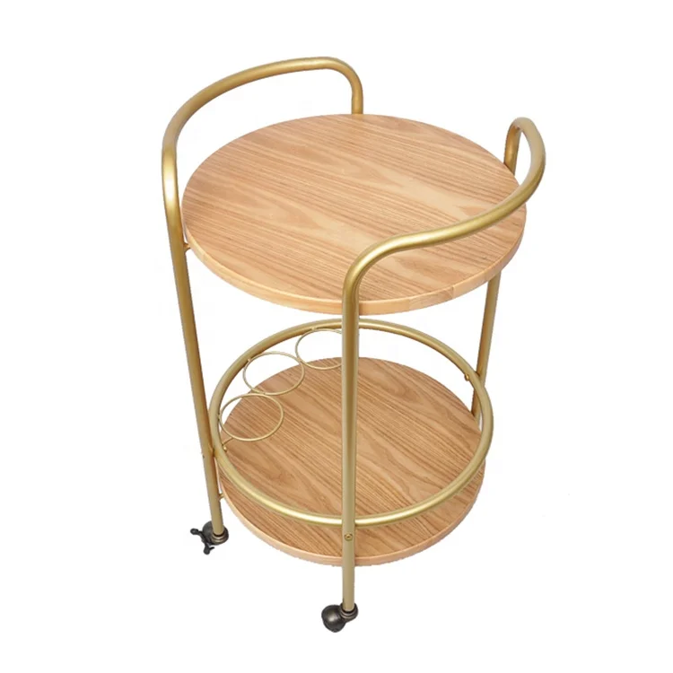 
Carefully selected materials soild wood shelevs golden metal frame bar serving carts trolleys 