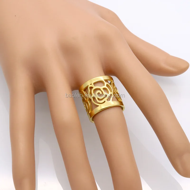 Top Quality Rose Flower Hollowing Craft Gold Color Ring Fashion Brand Jewelry Stainless Steel Ring Wholesale