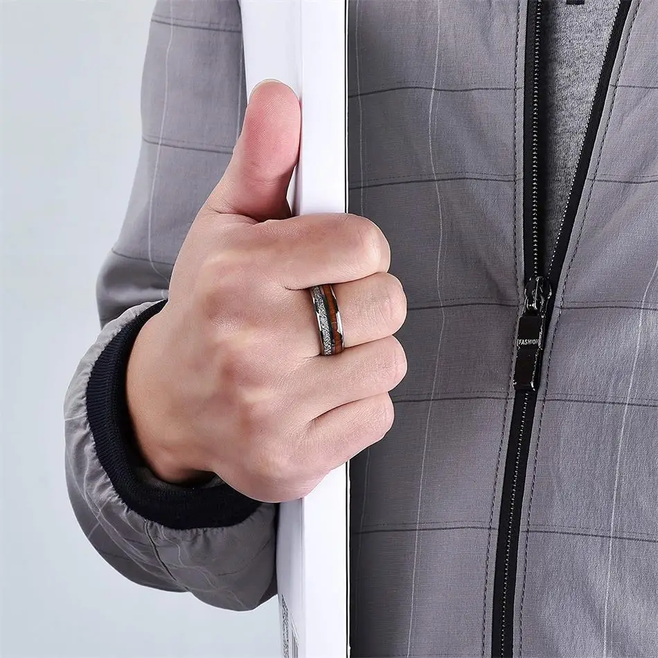 ring men 8mm meteorite and koa wooden inlay Tungsten Carbide jewelry Comfort fit mens Ring