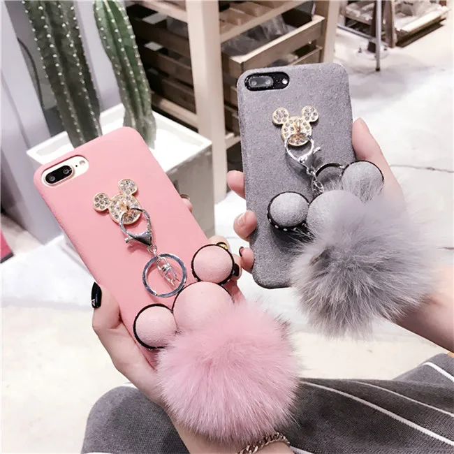 Luxury Diamond Plush Cartoon Mouse Rabbit Fur Ball Tassel Soft Tpu Case with Lanyard for Iphone7/7plus/6/6plus