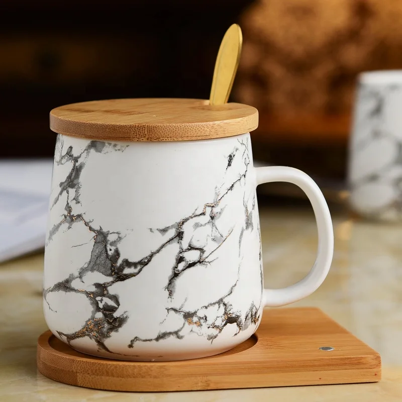 Nordic ceramic marble mugs custom printing porcelain tea mug with wooden lid