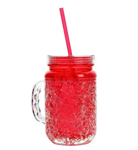 Acrylic Freezer Mason Jar,Frosty Mug mason jar tumbler with lid and straw,Double wall acrylic Frosty Mason jar with Freezing Gel