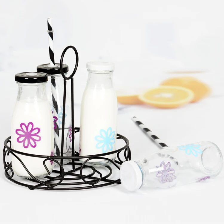 
glass milk set of 5, glasses with decal, glasses with rack 