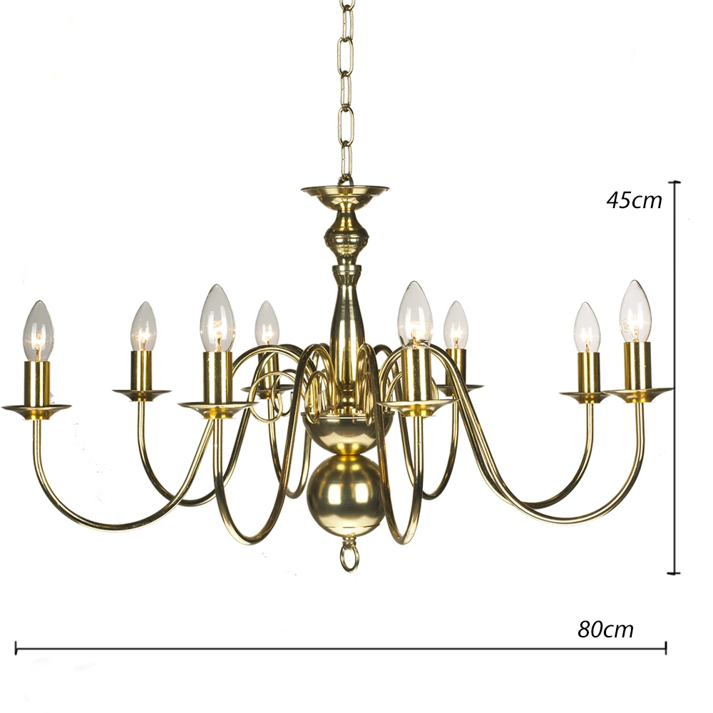retro vintage 8-Light Polished Brass Chandelier Hanging Candle Lamp Ceiling Fixture Gold Chain NS-120222