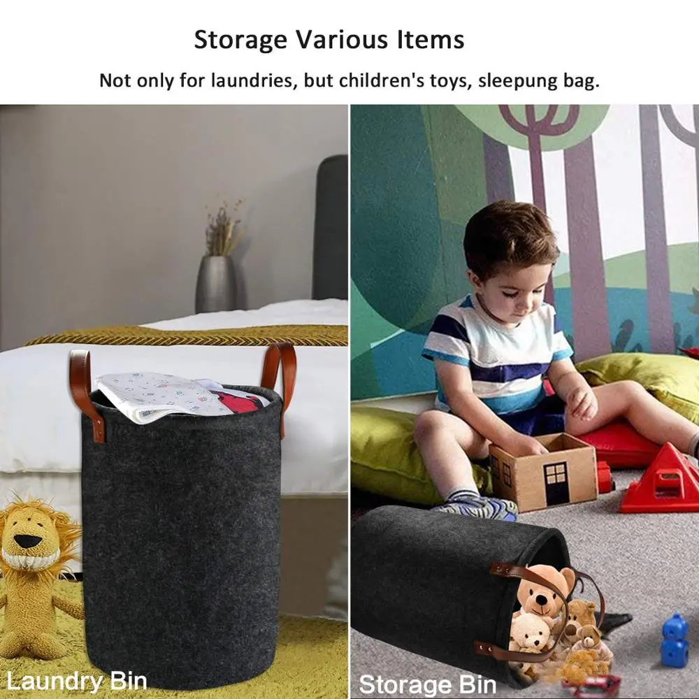 Custom Large Laundry Basket Collapsible Laundry Hamper Foldable Waterproof Storage Basket Round Felt Dirty Clothes with Handles