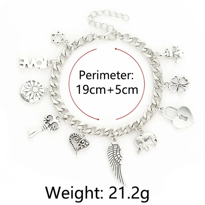 Cute girls bracelet chain charms with heart key wing pendant bracelet