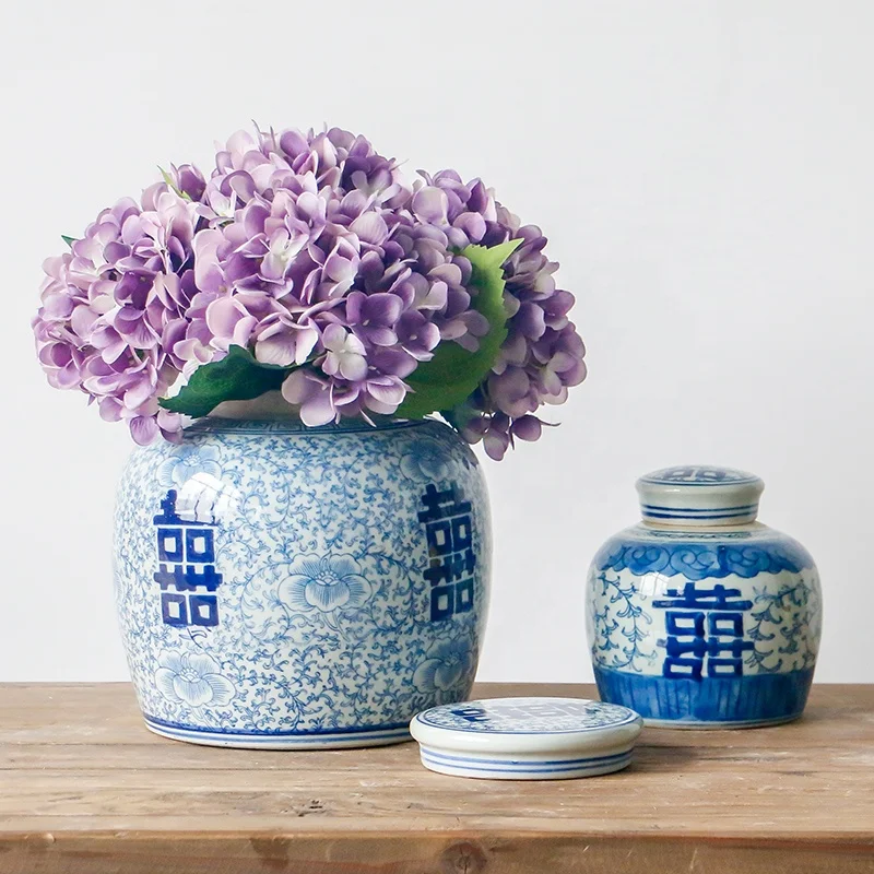 Blue and white double happiness antique hand-painted ceramic jar with lid ,retro-Chinese home decoration porcelain art wholesale