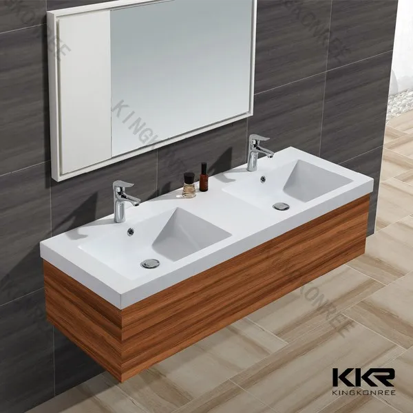 White stone bathroom vanity double sink / commercial bathroom double sinks