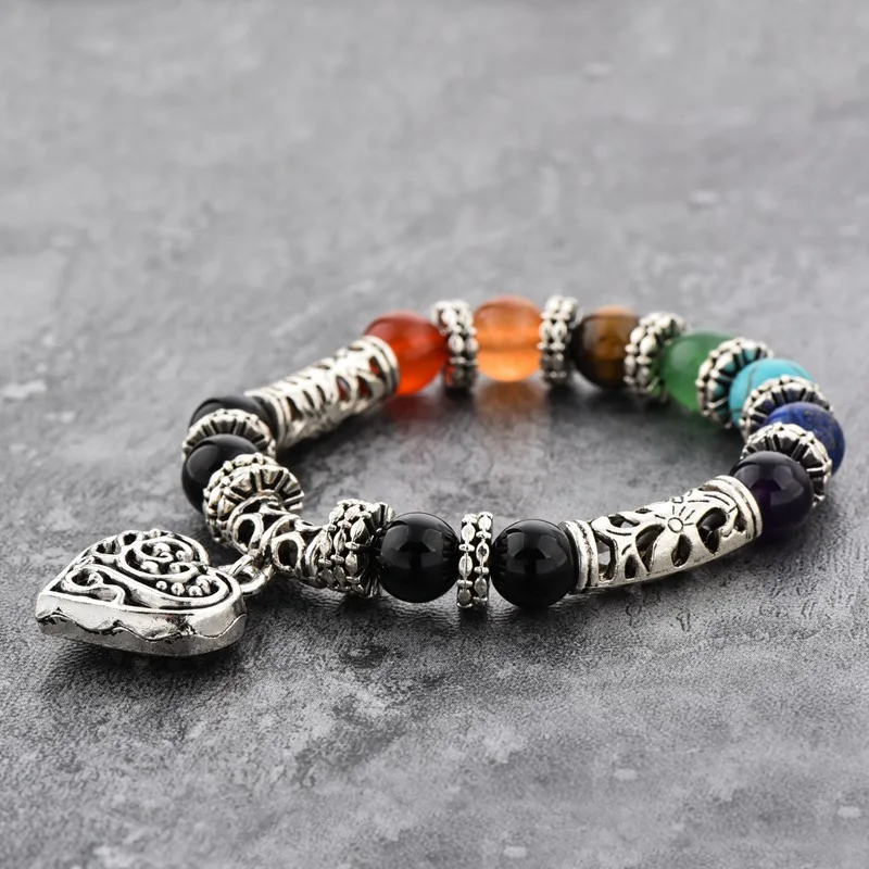 New products 2018 colorful natural stone lava bead 7 chakra bracelet heart pendant bracelet yoga nature bracelet