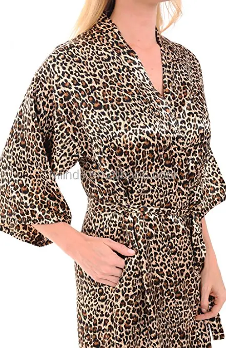 Chic Leopard Printed Sleep Dress For Sexy Ladies Satin Kimono Robe Mid-Length Dress Gown Wholesale Western Apparel